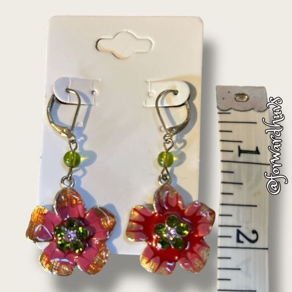 Bundle Sale 3 for $15 | Vibrant Flower Dangle Earrings with Green Beads - Picture 6 of 8